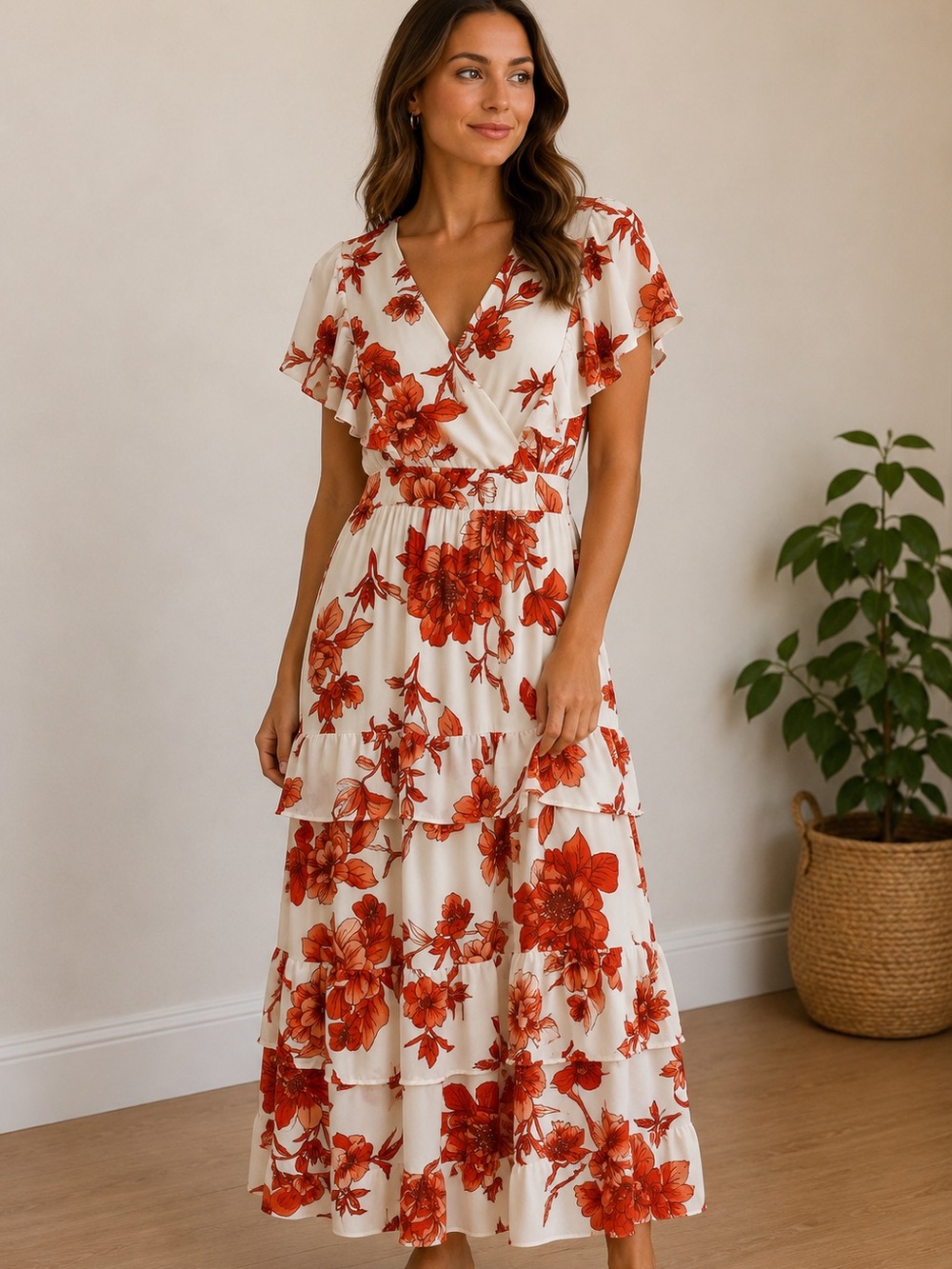 Floral Tiered Maxi Dress in Cream with Red Floral Print